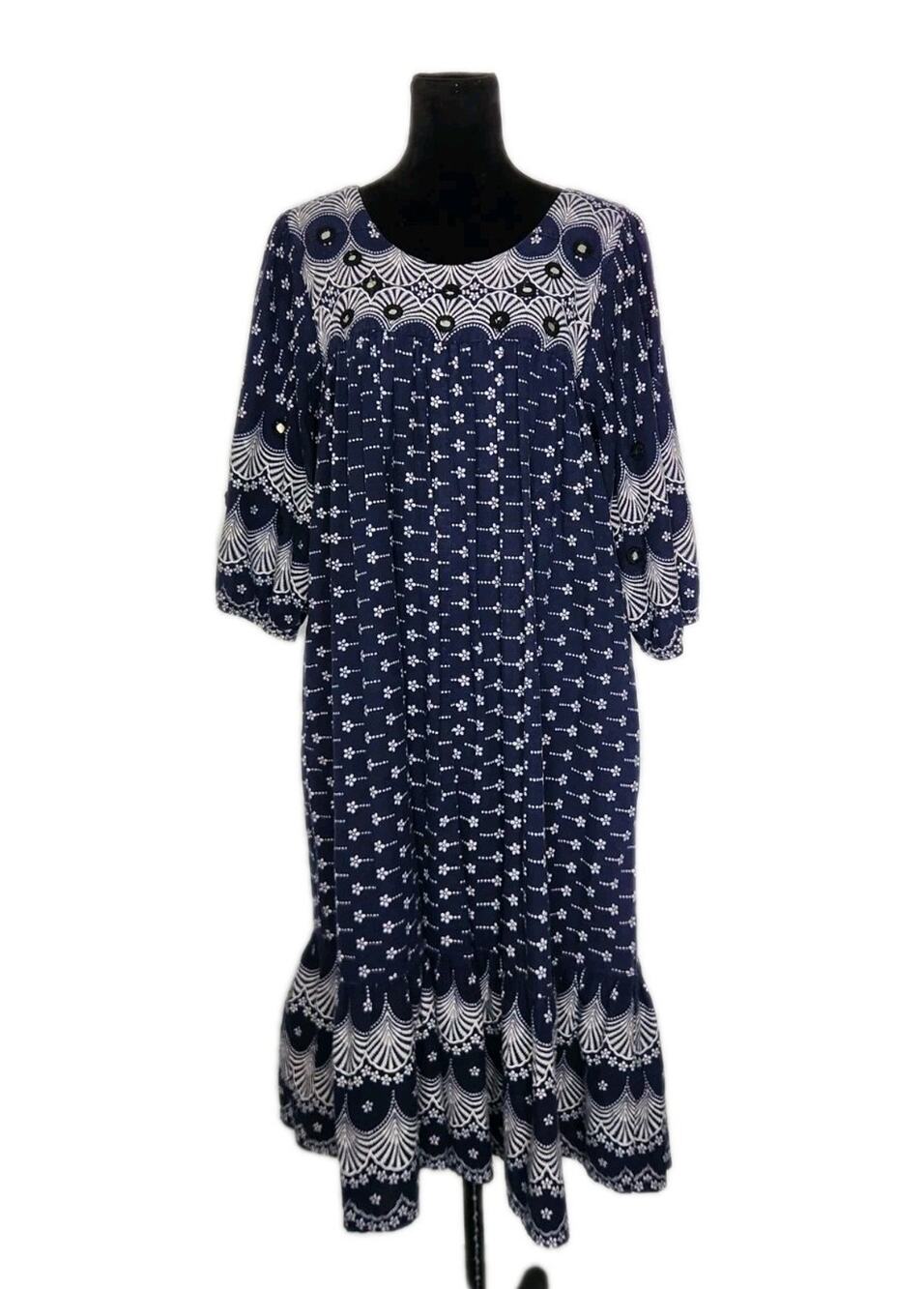 Vtg Ramona Rull Puff Sleeve Caftan Mirrored Embroidered Boho Hippie Midi Dress